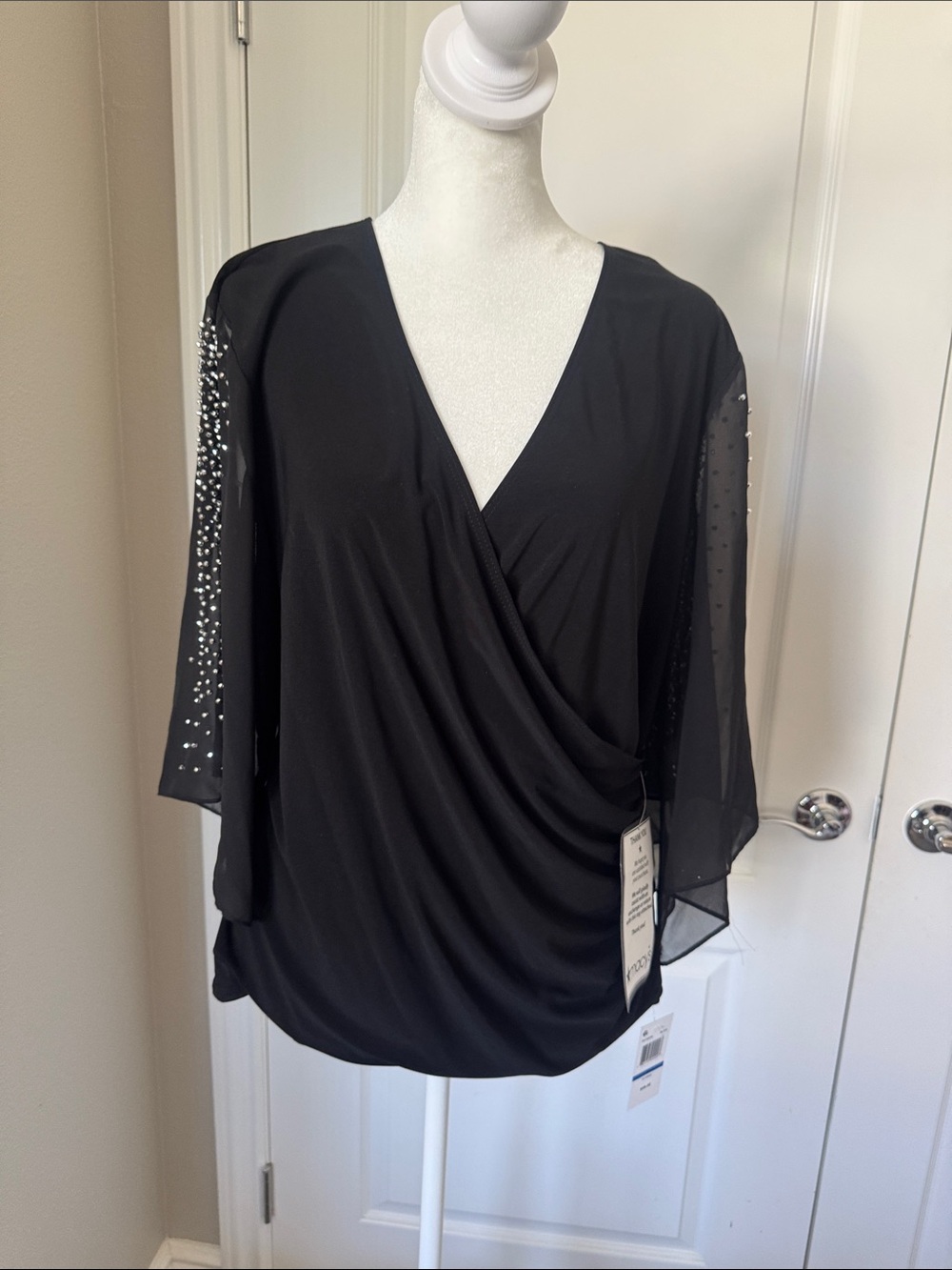 Black Draped V-Neck Women's Top with Sheer Embellished Open Sleeves